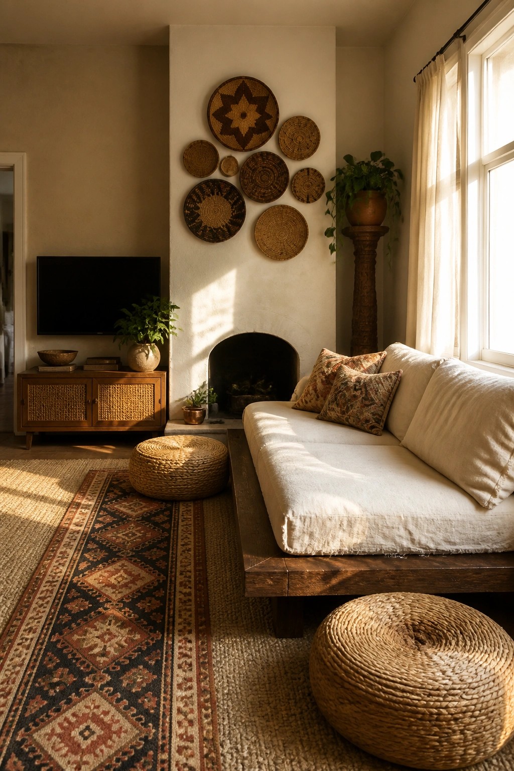 A boho living room with a white sofa on a wooden platform, a fireplace with woven baskets mounted above it, a media console with plants, and layered patterned and neutral rugs on the floor alongside woven poufs.