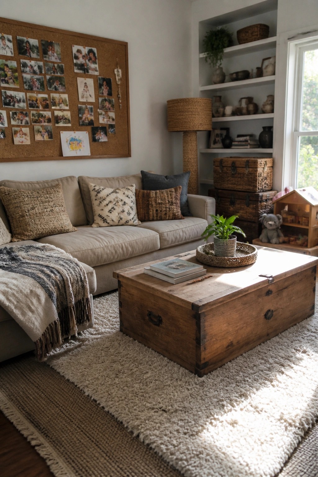 A living room with a beige sofa, wooden trunk coffee table on layered rugs, woven lamp, and corkboard with photos on the wall.