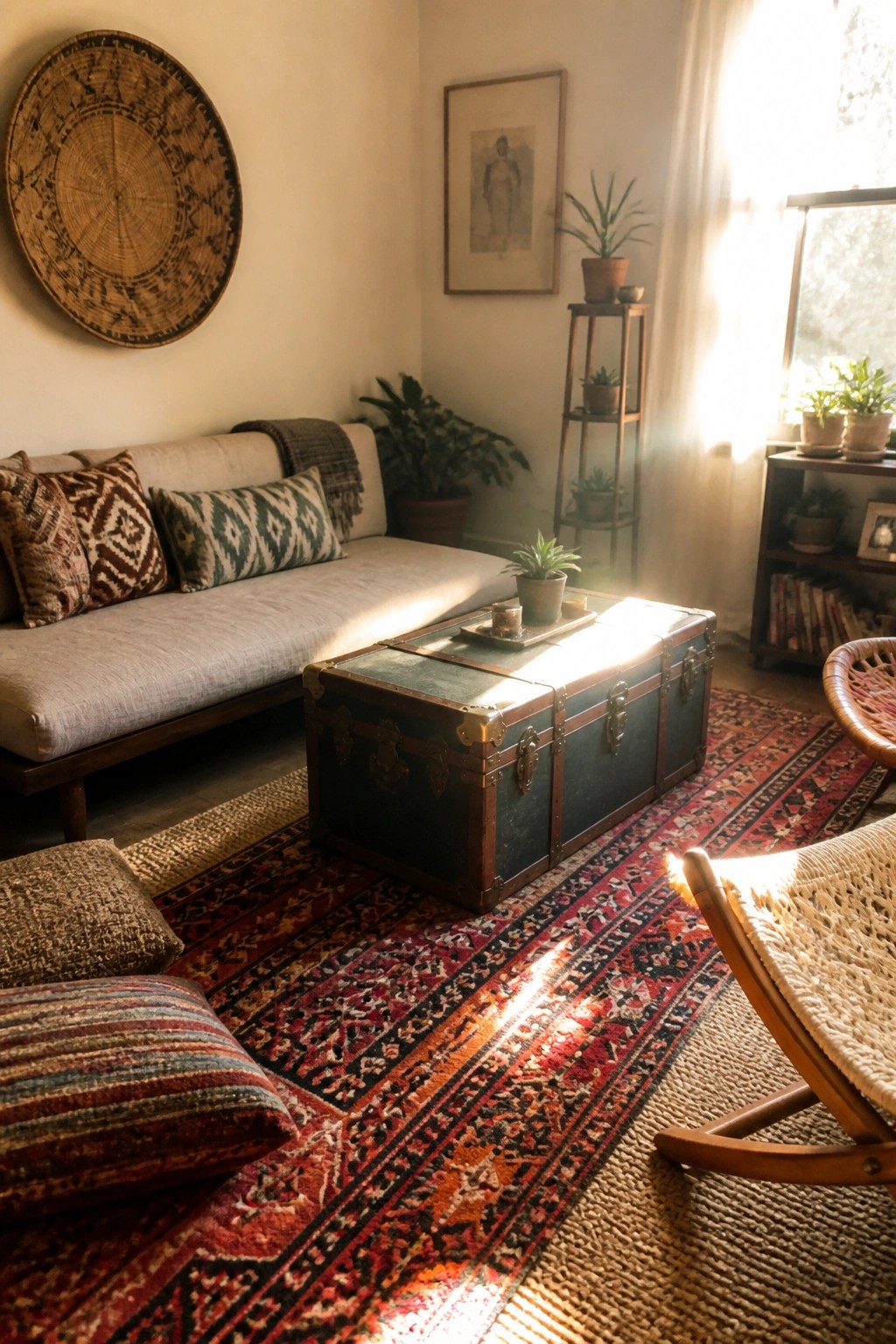 A living room with a light sofa, patterned pillows, layered rugs on the floor, a green trunk table, potted plants, and a large woven wall hanging.