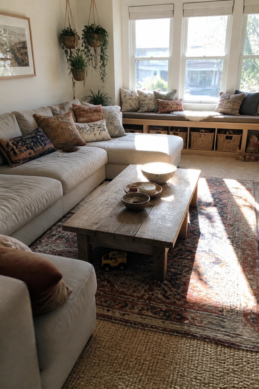 Living room with light sectional sofa, rustic wood coffee table on layered rugs, and window seat with pillows.