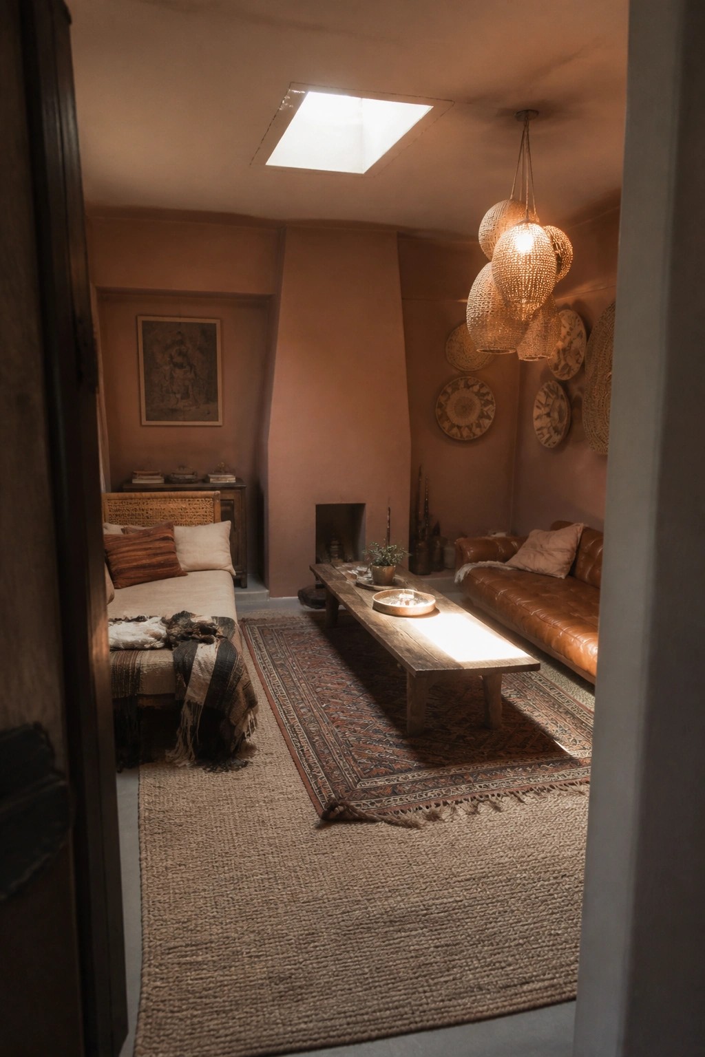 Interior view of a living room with a large woven jute rug layered under a smaller patterned rug, a wooden coffee table, brown leather sofa, and hanging woven lights.