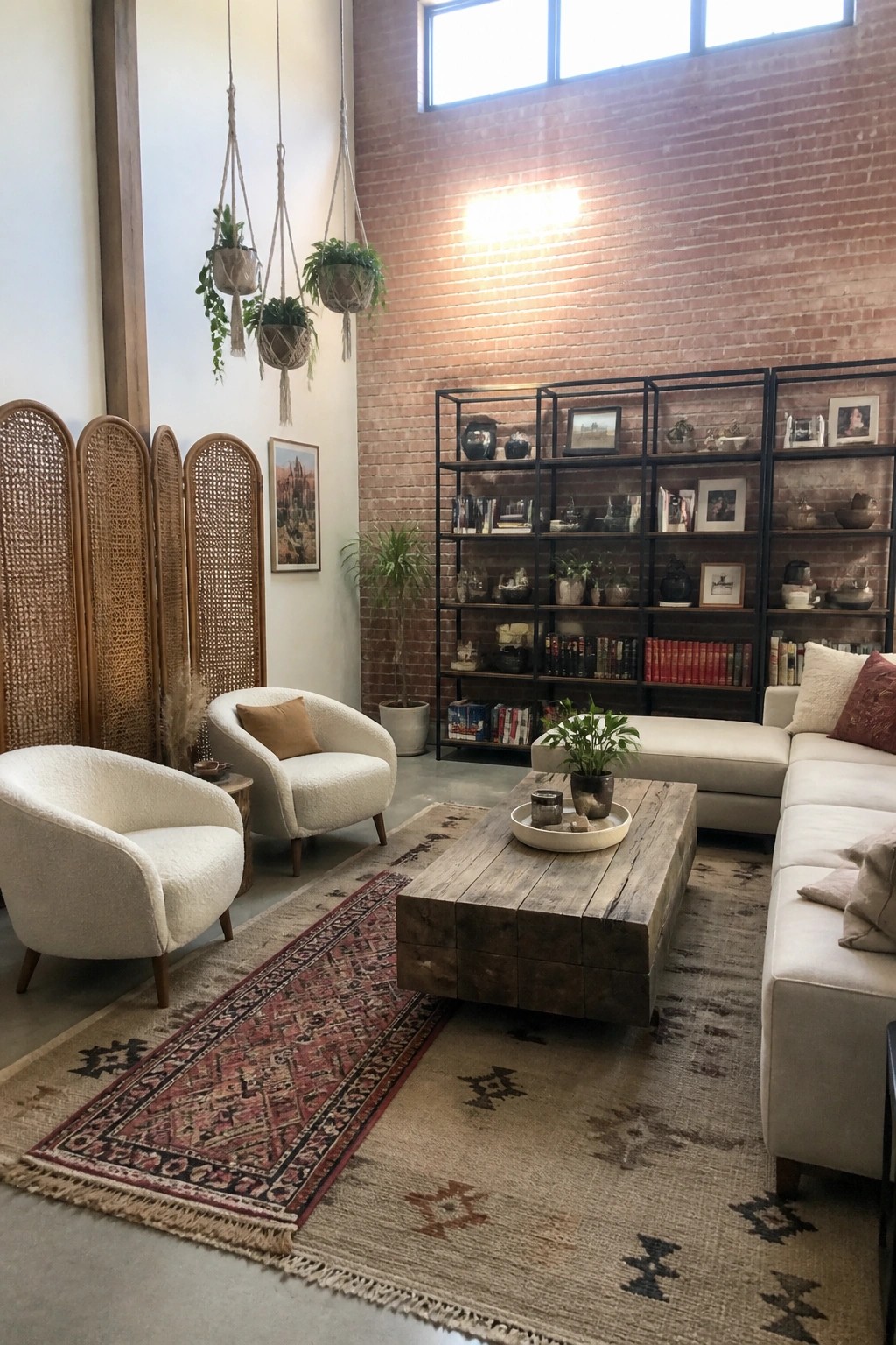 Cozy living room with white armchairs, rustic wooden table, brick wall, and hanging plants