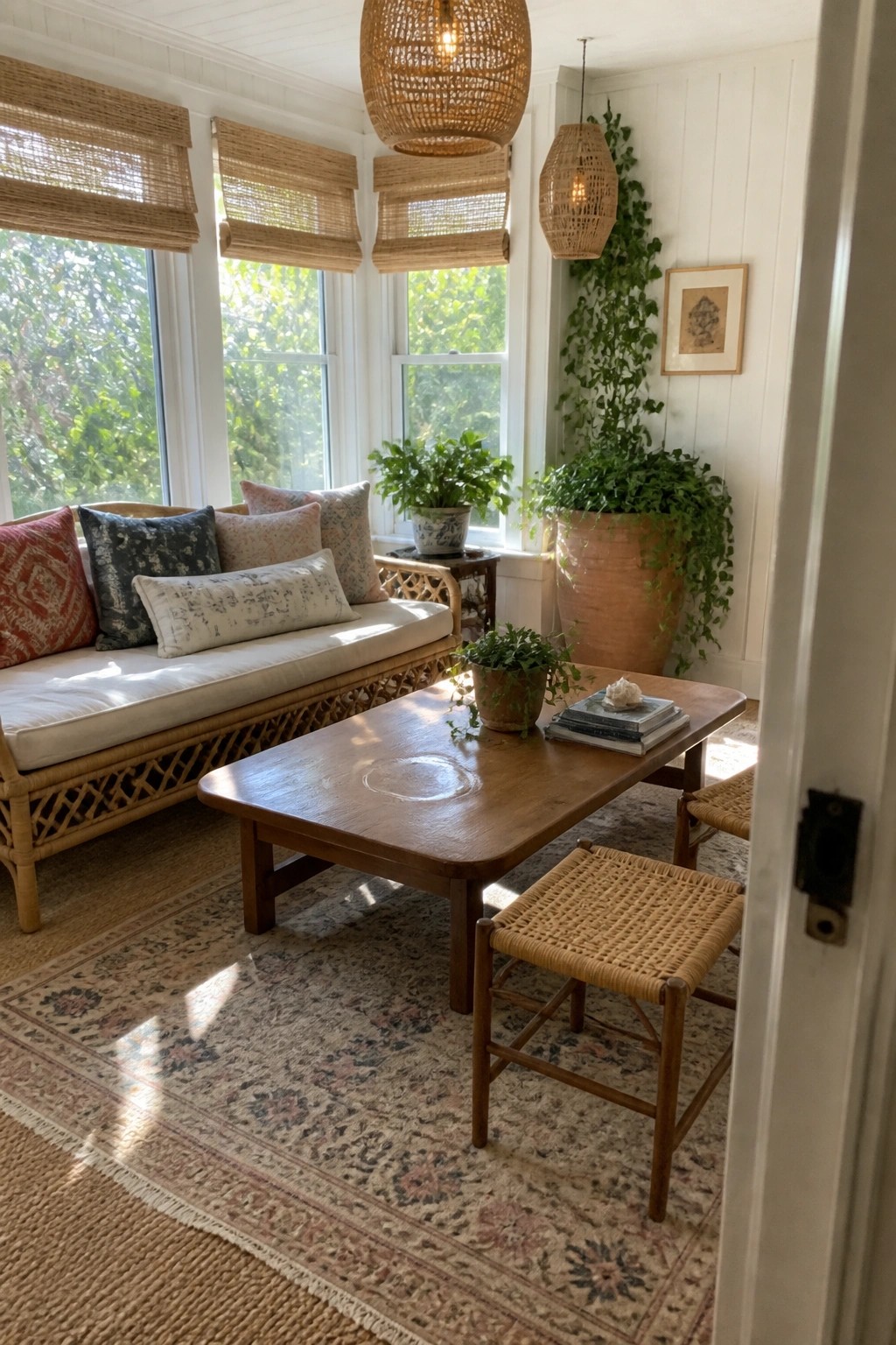 A bright indoor seating area with a rattan sofa, wooden coffee table on layered rugs, woven stools, potted plants, and windows fitted with bamboo shades.