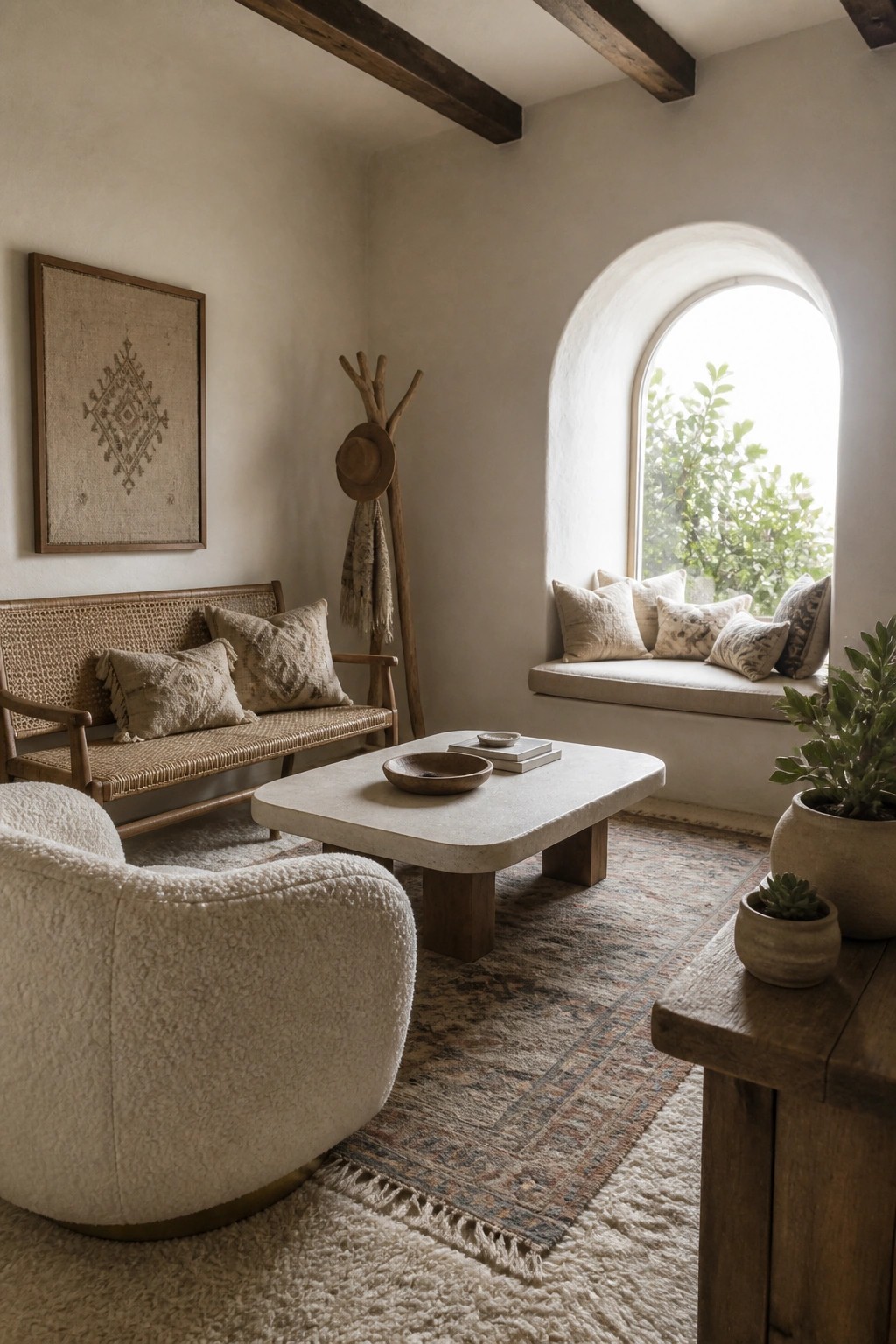 A living room interior showing a boucle armchair, cane sofa, stone coffee table on layered rugs, and a window seat with pillows.