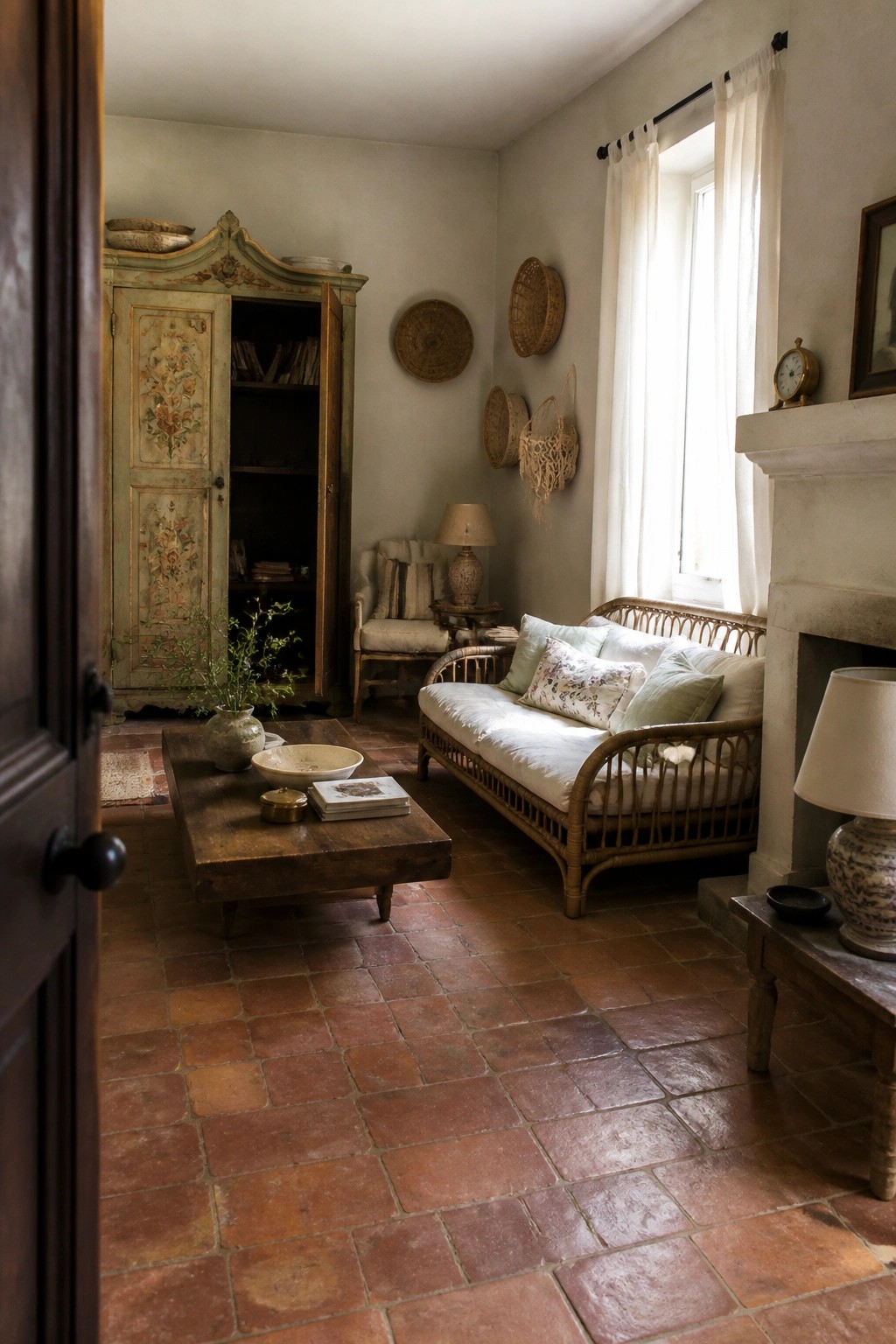 A living room interior with a large distressed painted armoire, rattan sofa, wooden coffee table, and terracotta tile floor.