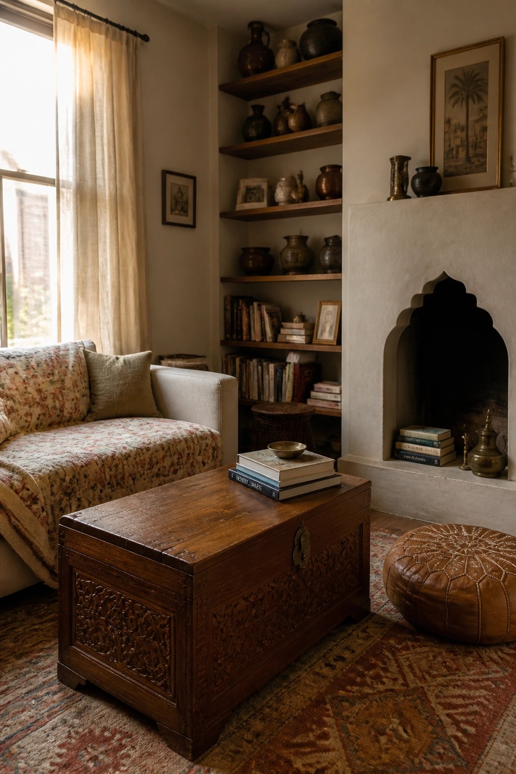 A living room with a floral sofa, a carved wooden chest used as a coffee table with books stacked on top, built-in shelves holding pottery and books, a white fireplace, and a brown leather pouf on a patterned rug.