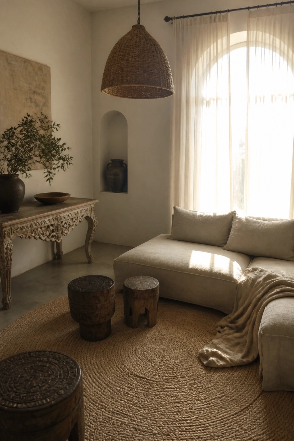 Sunlit minimalist room with beige sectional sofa, jute rug, and woven pendant light.