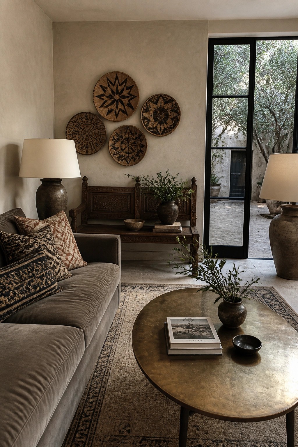 A living room featuring a gray velvet sofa, round brass coffee table, and a carved wooden antique bench against a plain wall with four woven baskets mounted above it.