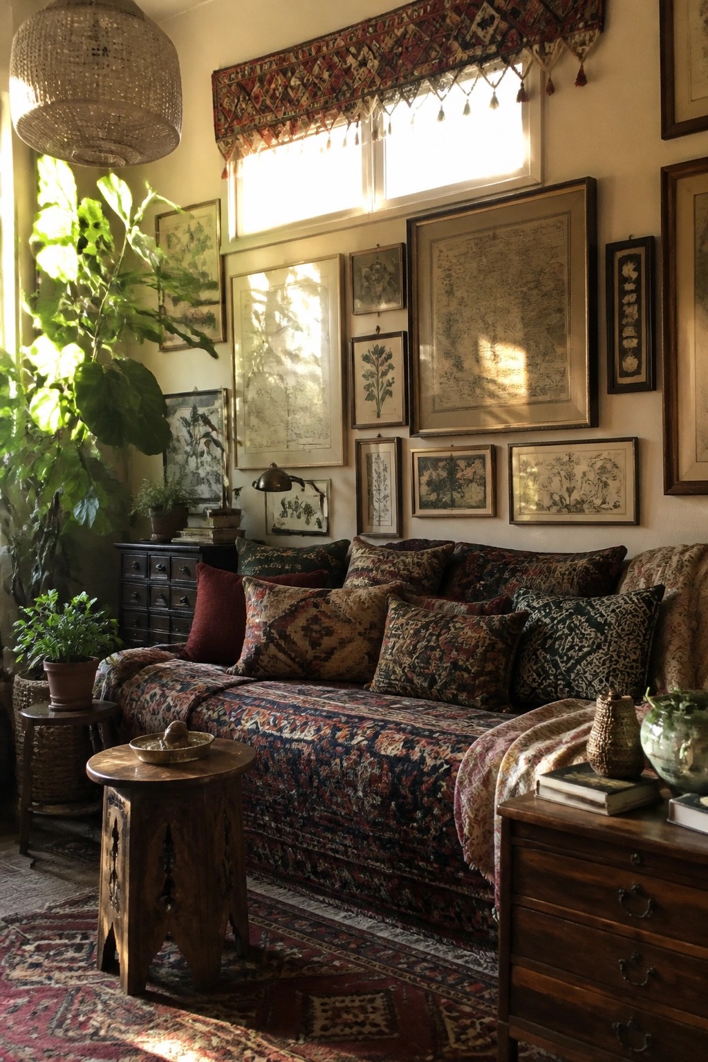 Sunlit bohemian room with patterned daybed, gallery wall of framed art, and potted plants.