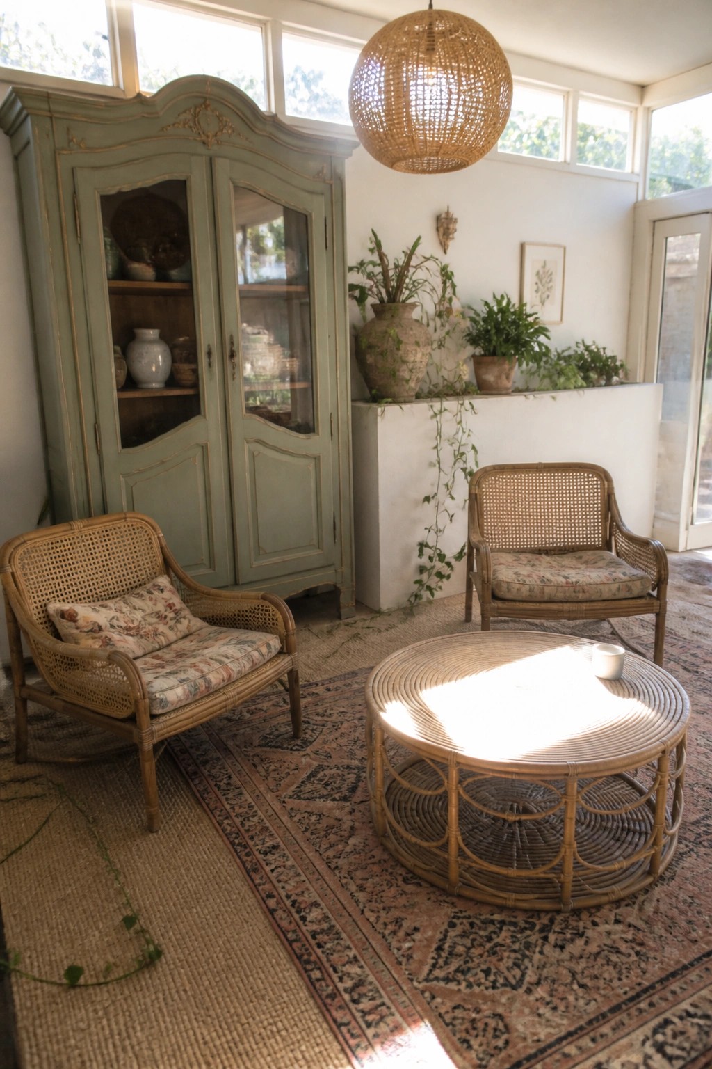A large vintage green armoire with glass doors stands beside two rattan armchairs and a round coffee table on layered rugs in a bright living room.