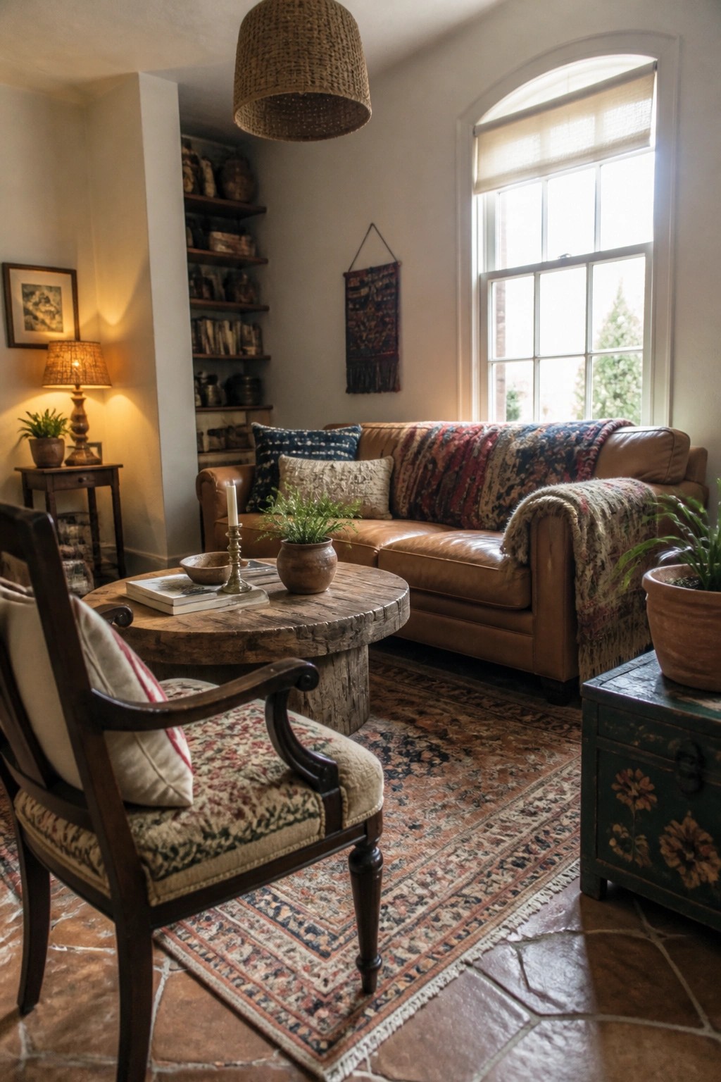 A living room with a brown leather sofa, round wooden coffee table, patterned rug on tile floor, and a dark wood antique armchair in the foreground.
