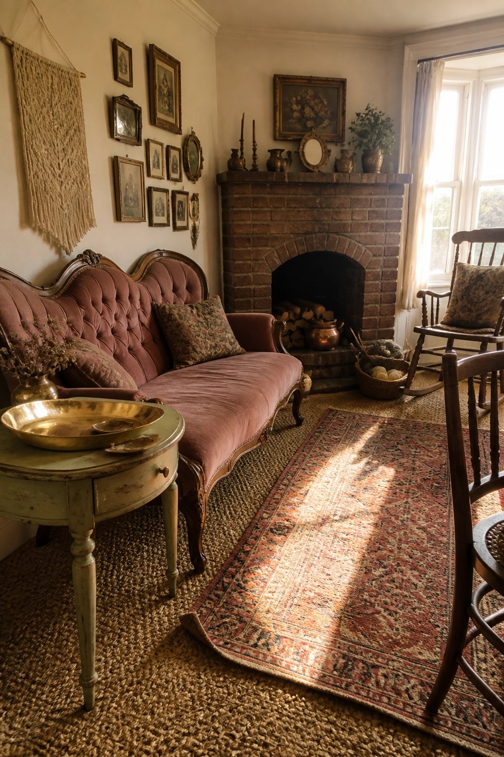 A living room with a pink tufted vintage sofa, a distressed green side table holding brass bowls, a brick fireplace, and a large patterned rug over a woven floor.