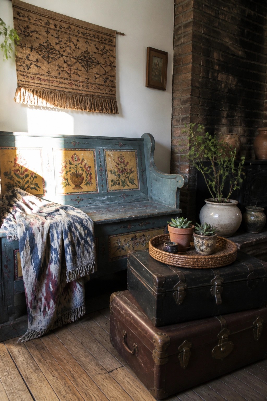 Painted wooden bench with floral panels, woven throw, hanging rug, and stacked vintage trunks