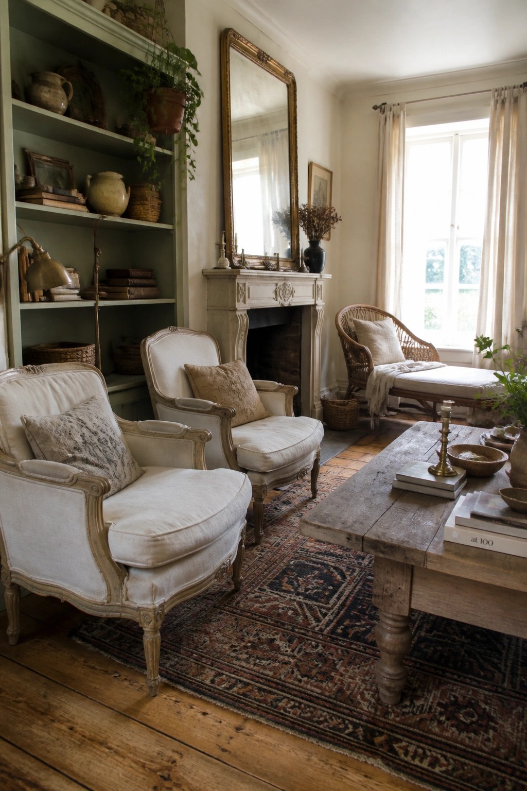 A living room with white upholstered antique armchairs arranged around a rustic wooden coffee table on a patterned rug, built-in green shelves, and a fireplace with a large mirror above the mantel.