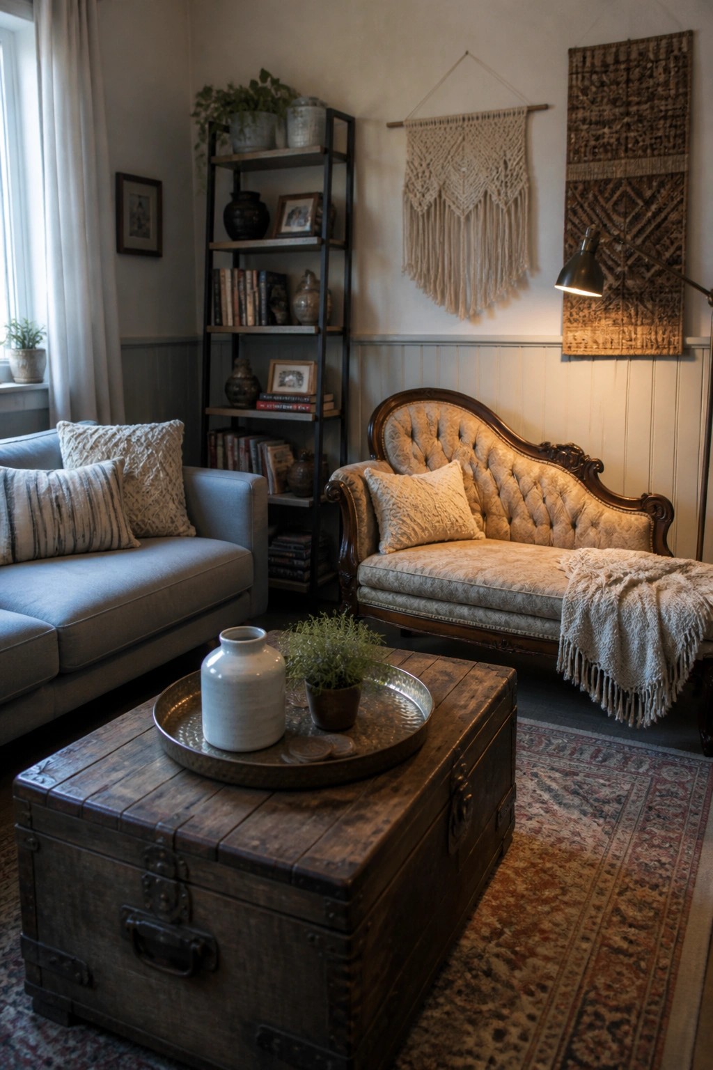 A living room with a gray sofa, a tufted beige chaise lounge, a wooden trunk used as a coffee table, bookshelves, and boho wall hangings.