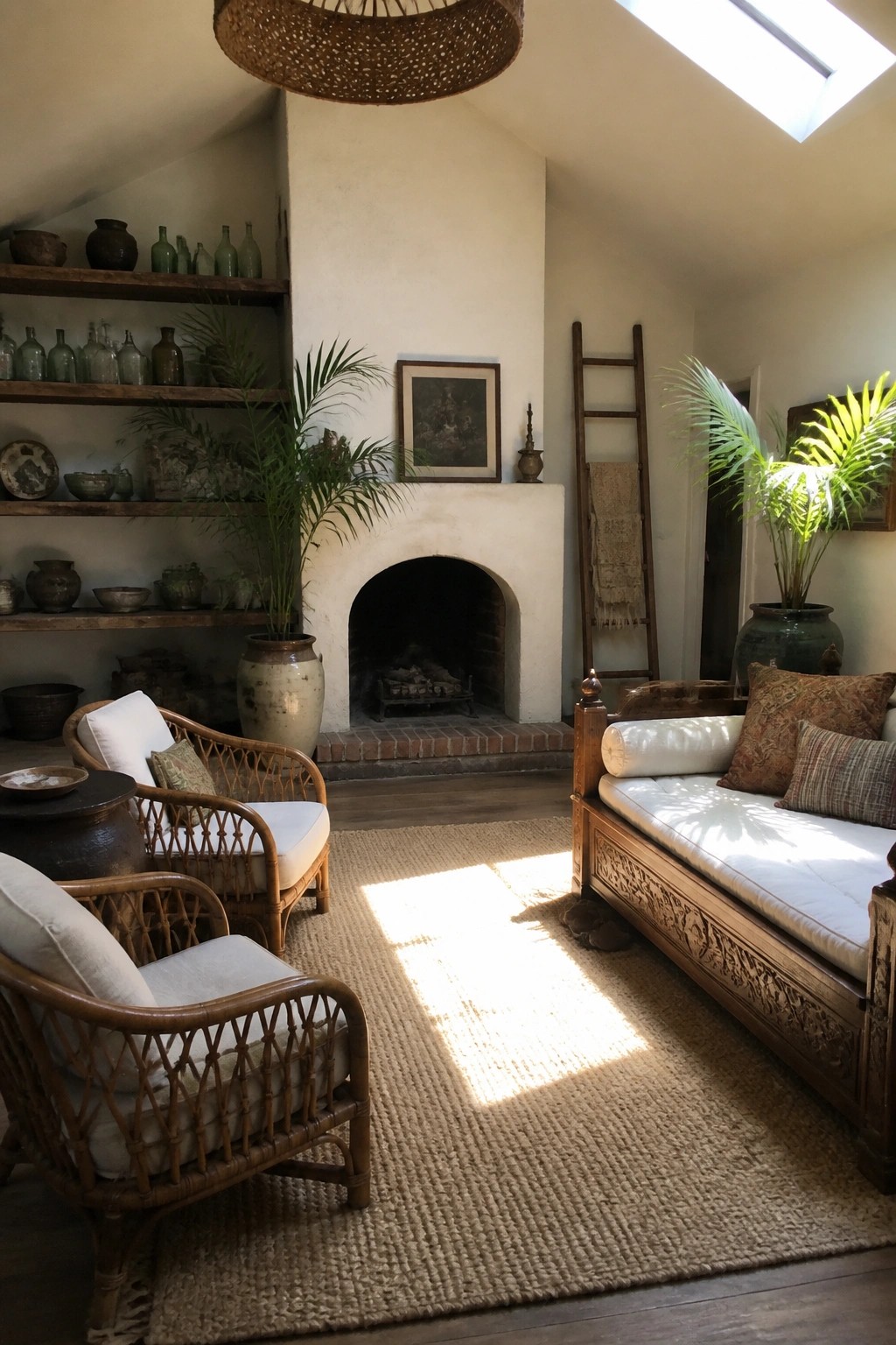 A living room featuring a carved wooden daybed on the right, two rattan chairs on the left, open wooden shelves, and a large fireplace.