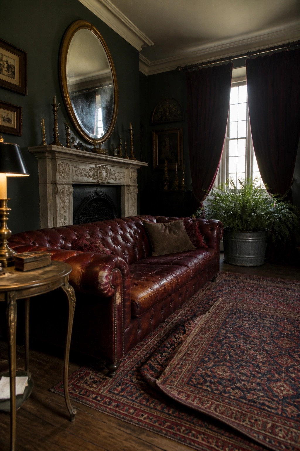 A living room with a red tufted leather sofa positioned in front of a marble fireplace, a round gold mirror above the mantel, dark green walls, and a patterned rug on the floor.