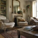 A living room with white upholstered antique armchairs arranged around a rustic wooden coffee table on a patterned rug, built-in green shelves, and a fireplace with a large mirror above the mantel.