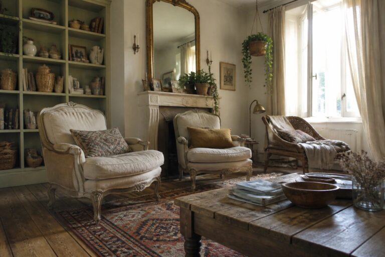 23 Vintage Boho Chic Living Room Ideas Centered Around Antique Accent Furniture A living room with white upholstered antique armchairs arranged around a rustic wooden coffee table on a patterned rug, built-in green shelves, and a fireplace with a large mirror above the mantel.