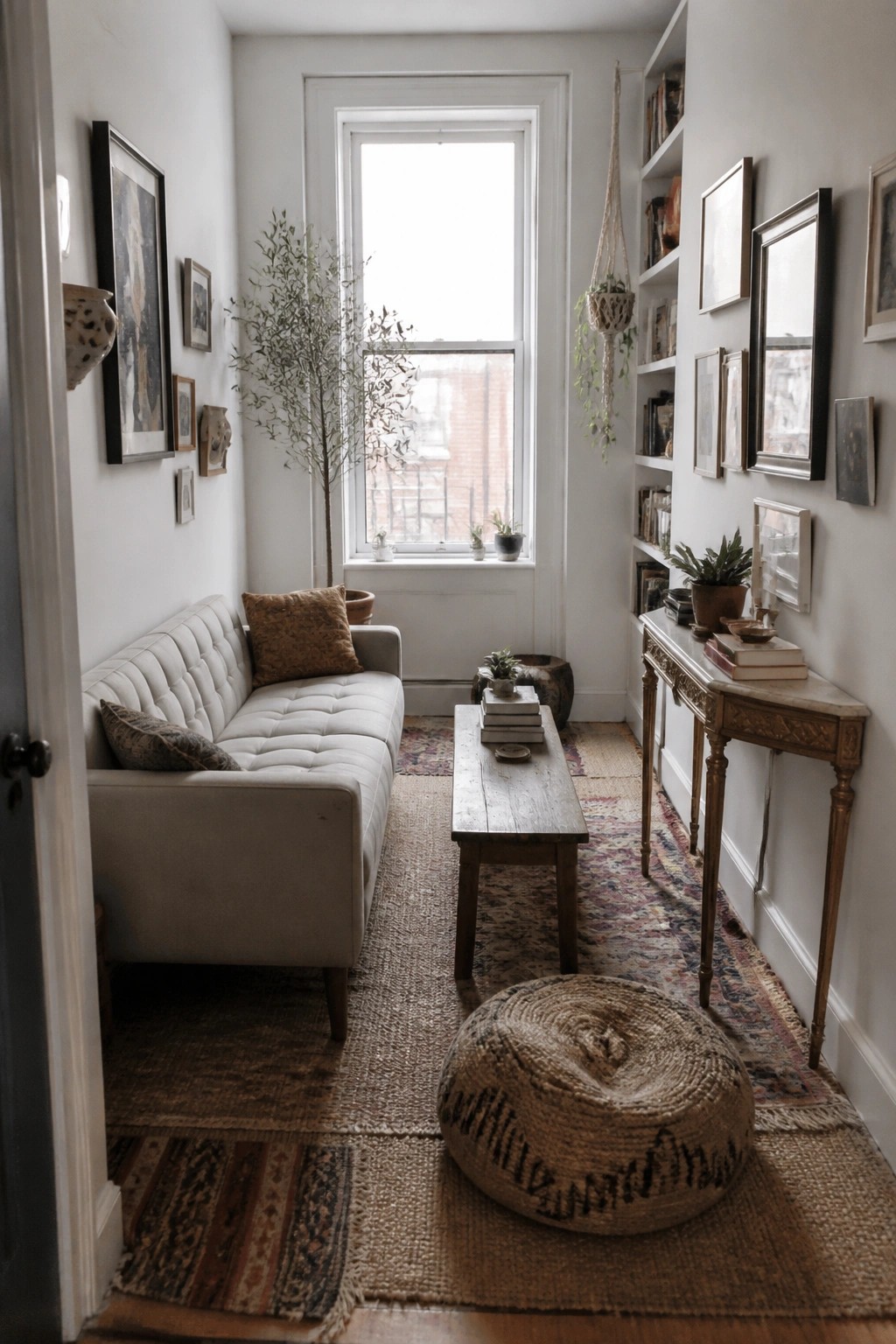 Cozy narrow room with white tufted sofa, wooden table, woven pouf, and plants.