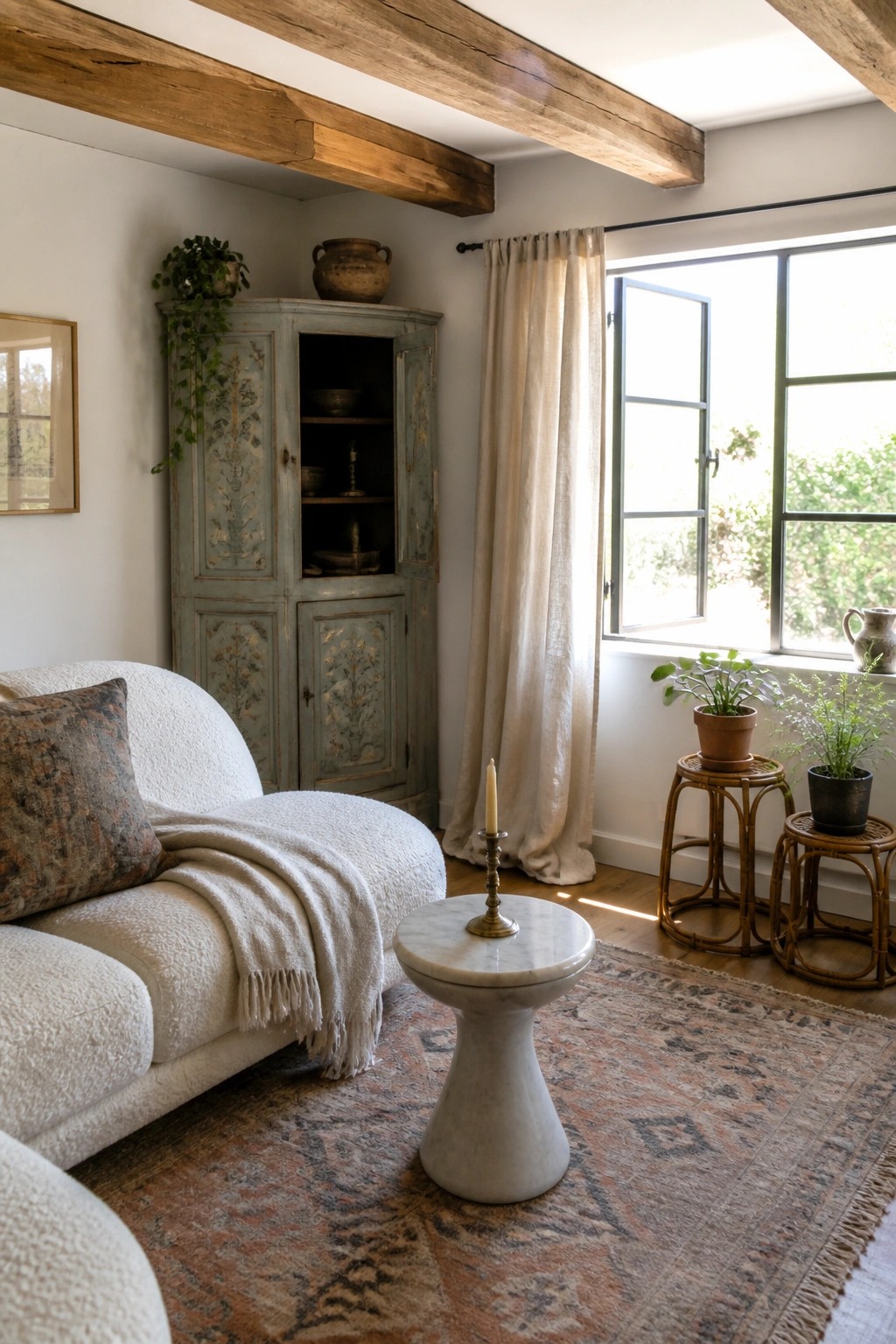 A living room corner with a large distressed blue-green painted cabinet, a white bouclé sofa with a throw blanket, a marble pedestal table holding a candle, and a window with sheer curtains.