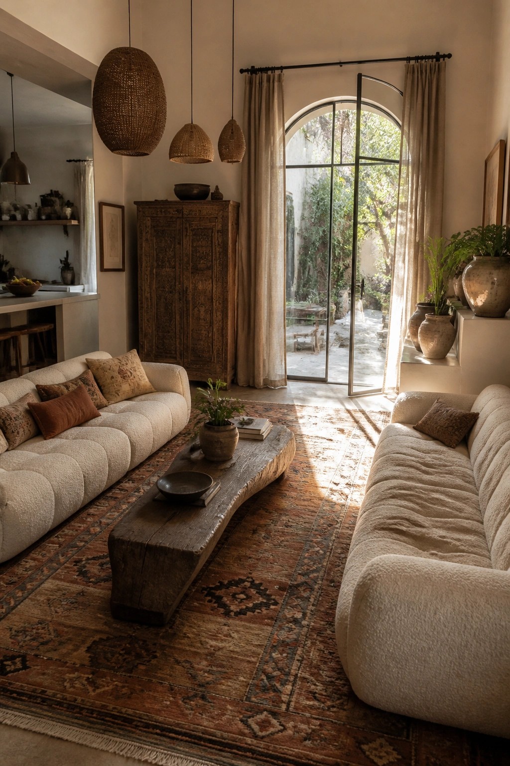 A living room featuring two white boucle sofas facing a rustic wooden coffee table on a large patterned rug, with a tall carved wooden cabinet against the back wall and an open arched glass door leading outside.