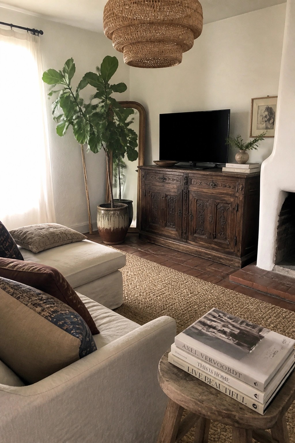 Living room scene with a large carved wooden antique cabinet used as a TV console beneath a flat screen television, a tall fiddle leaf fig plant to the left, and a woven pendant light above a jute rug.