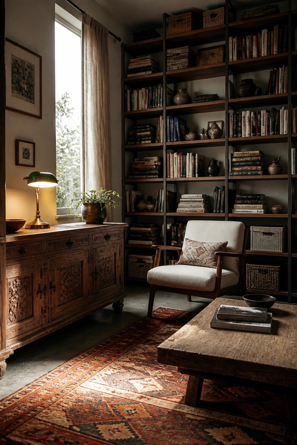 A living room interior featuring a large carved wooden sideboard beneath a window, a light upholstered armchair, tall dark bookshelves filled with books and objects, and a patterned rug on the floor.