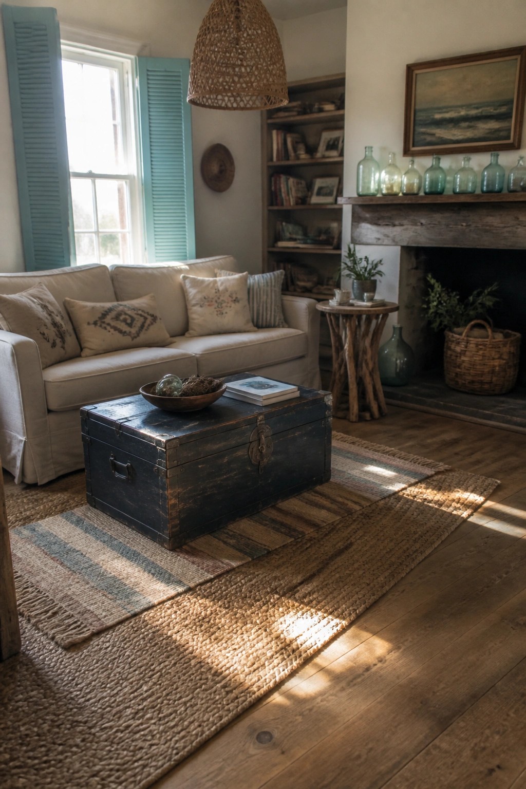 Sunlit rustic living room with beige sofa, dark trunk, and woven rugs