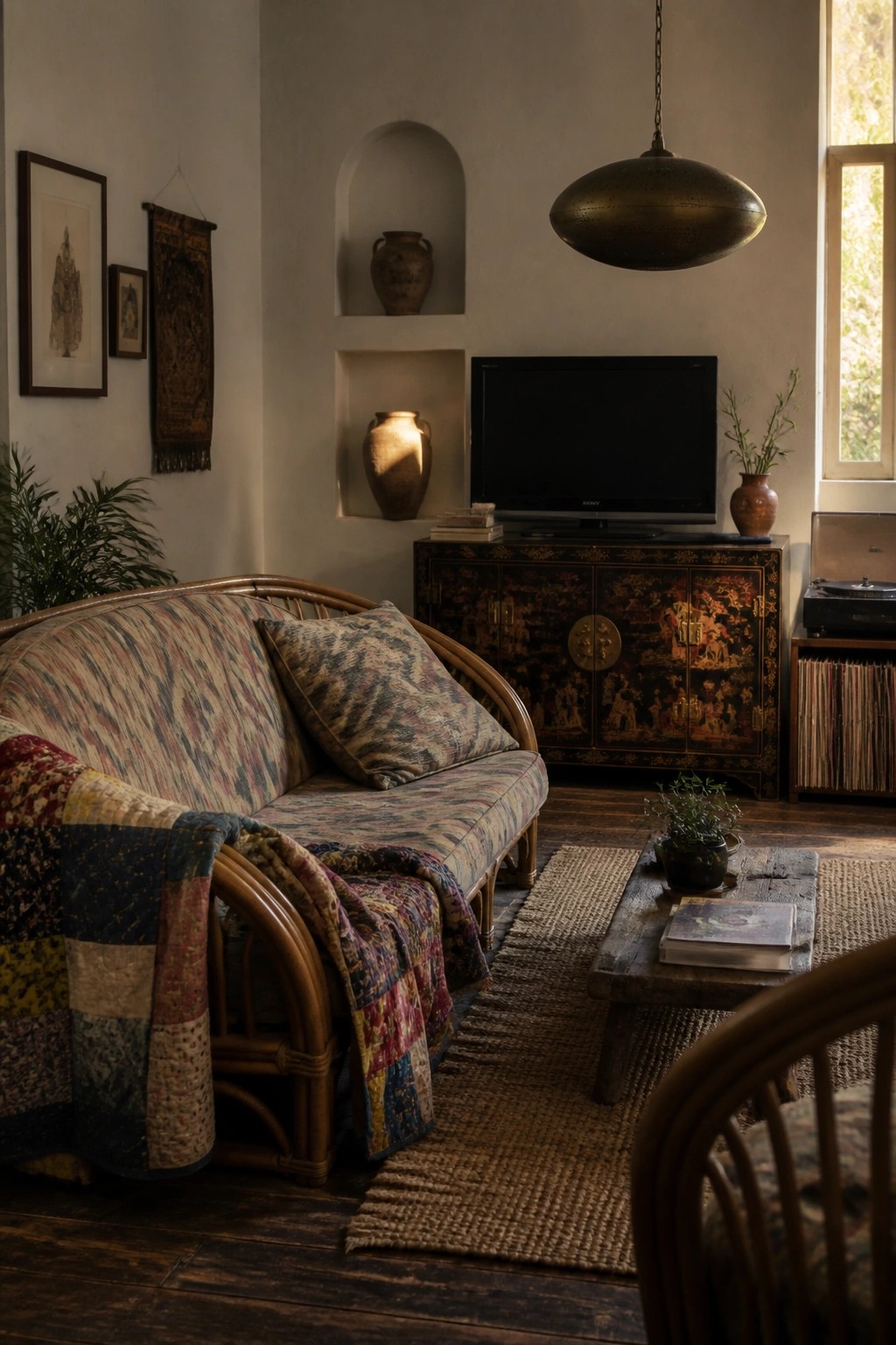 A living room with a rattan sofa draped in a patchwork quilt, facing a low wooden table, and an ornate antique black cabinet holding a flat screen television between two wall niches.