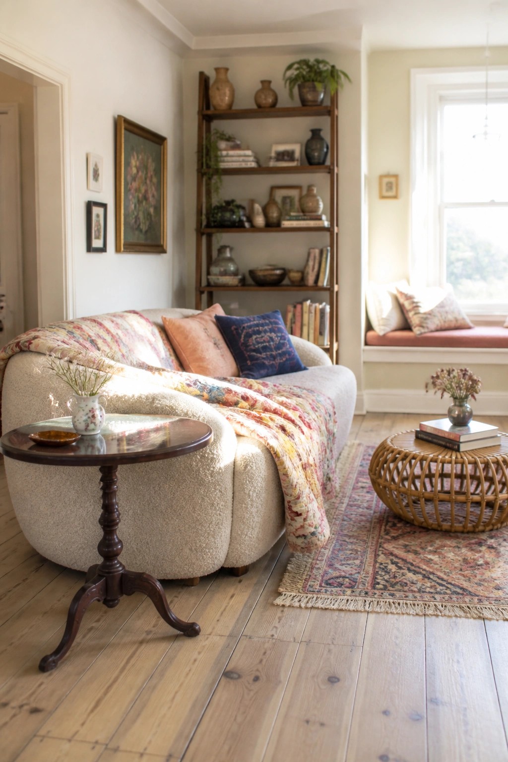 Cozy living room with white bouclé sofa, colorful quilt, wooden bookshelf, and window seat
