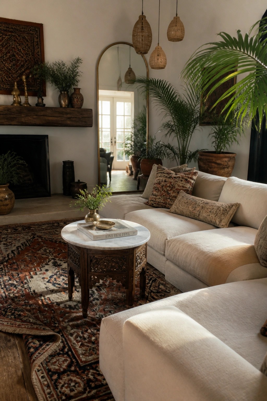 A living room featuring a white sectional sofa, a round marble-top coffee table with an ornate carved wooden base, layered patterned rugs, potted plants, and an arched mirror reflecting a doorway.