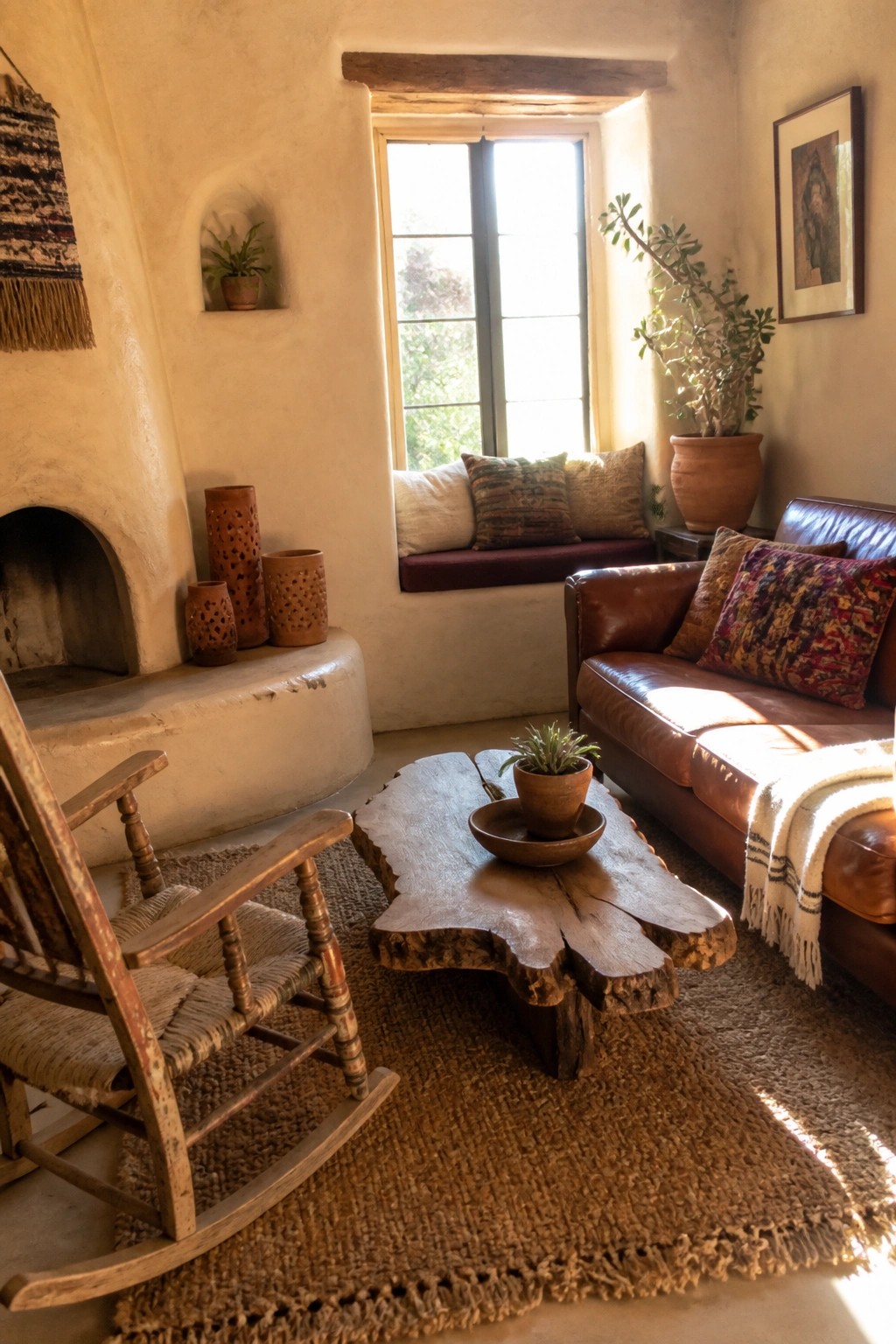 A living room interior with a worn wooden rocking chair on a large woven rug, a live-edge wood coffee table, and a brown leather sofa beside a plaster fireplace.