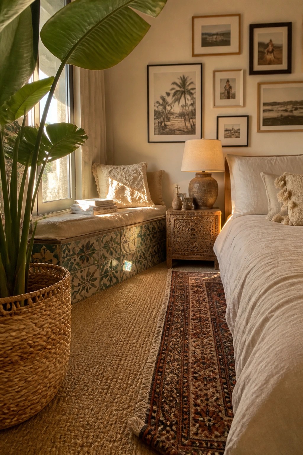 Sunlit bedroom with tiled window seat, woven rug, leafy plant, and gallery wall.