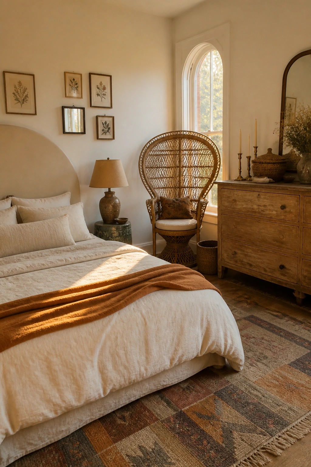 Cozy bedroom with white bedding, orange throw, wicker peacock chair, and wooden dresser