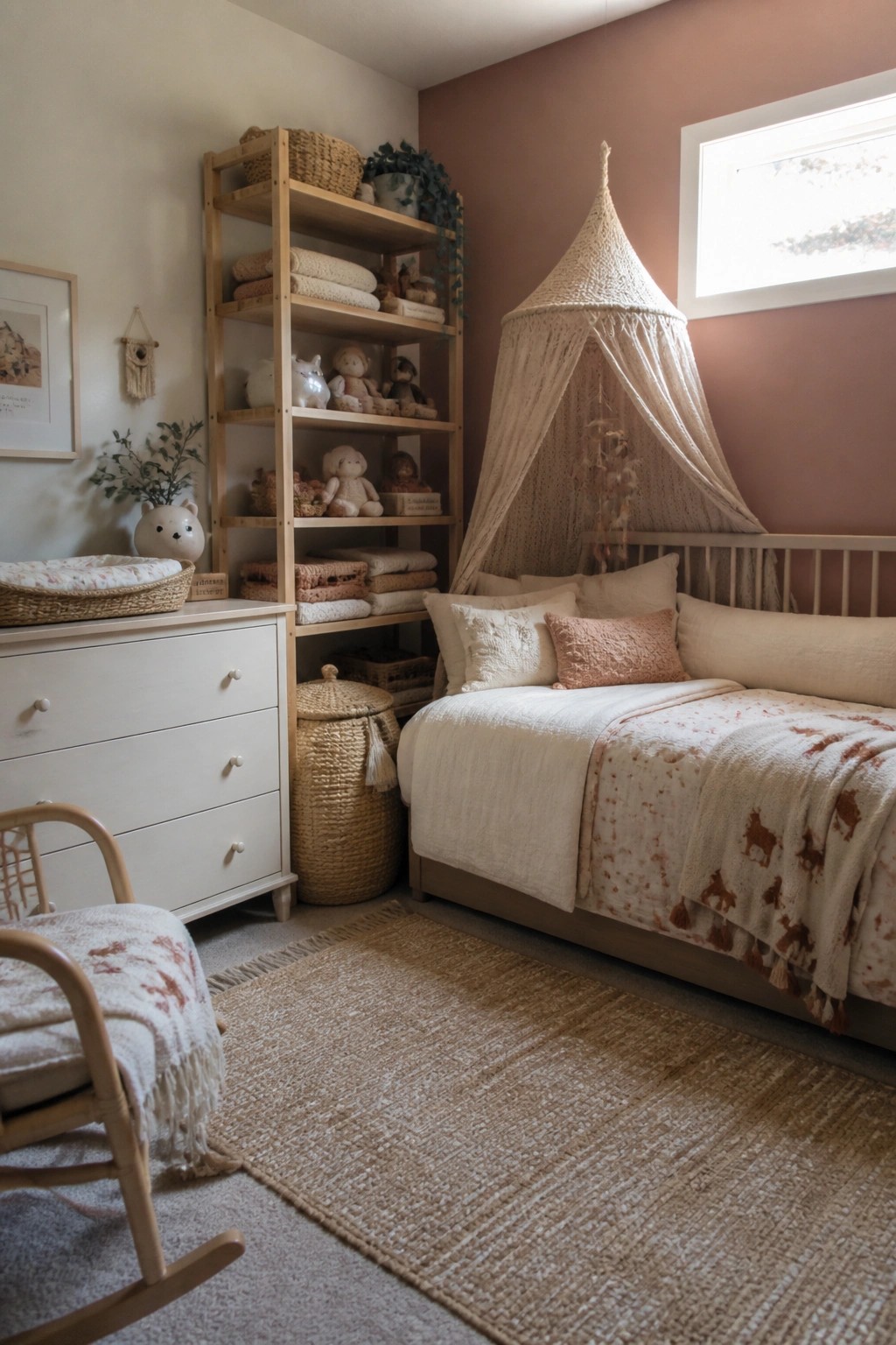 Cozy boho nursery with canopy bed, wooden toy shelves, dresser, and rocking chair