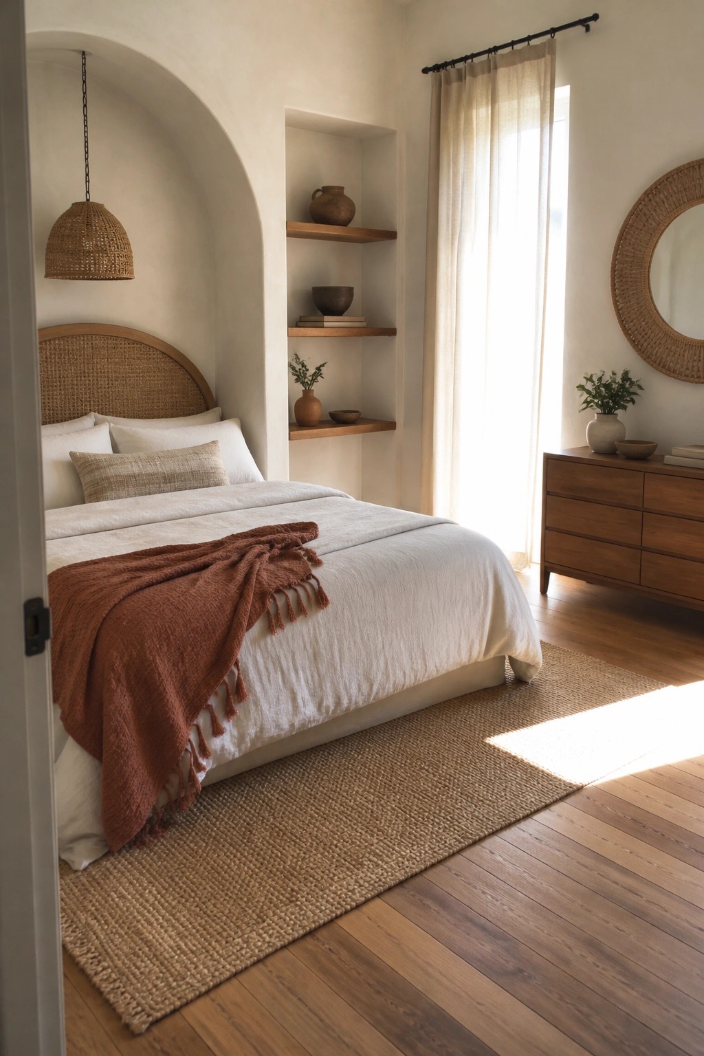 A bedroom featuring a bed with white linens and a rust throw, positioned next to an arched wall with three wooden floating shelves holding pottery and books.