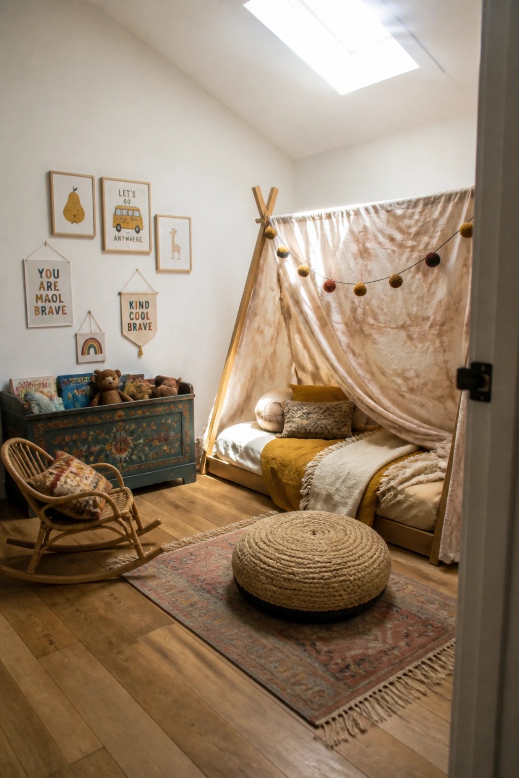 A child's bedroom with a wooden teepee-style canopy bed draped in tie-dyed fabric, a woven rug, and a wicker rocking chair beside a painted storage chest.