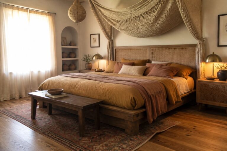 22 Warm Boho Bedroom Ideas for a Dreamy Relaxed Escape A low wooden platform bed with a woven rattan headboard, layered mustard and rust bedding, and a macrame canopy in a warmly lit bedroom.