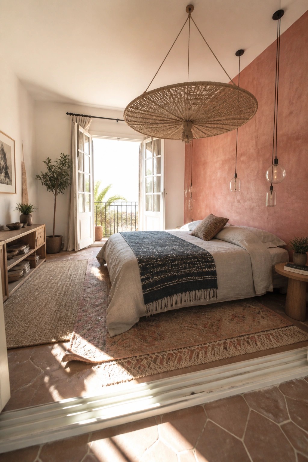 A bedroom featuring a large woven pendant light suspended above a bed with neutral bedding, a dark patterned throw, layered rugs on a terracotta floor, and a terracotta accent wall.
