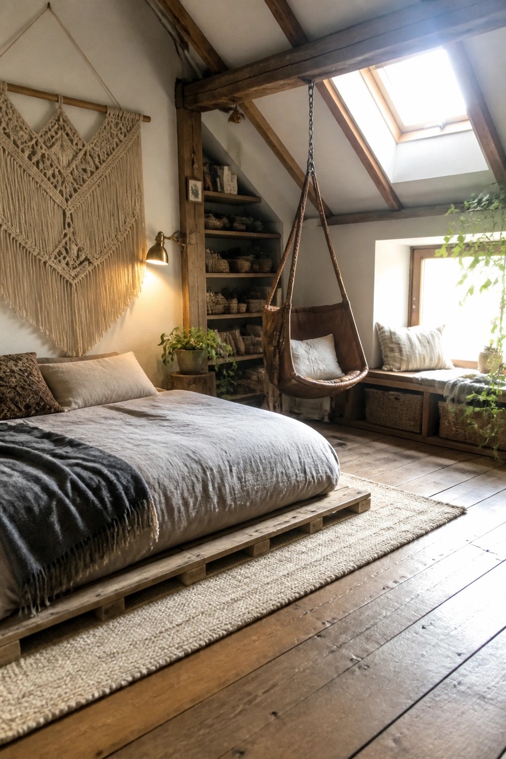 A bedroom with a brown leather hanging chair suspended from the ceiling, a low bed on a wooden pallet base, and a large macrame wall hanging above it.