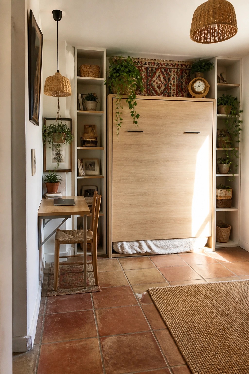 A closed light wood Murphy bed cabinet with black handles sits between white built-in shelves holding plants and baskets, with a small wooden desk and woven chair to the left on terracotta tile.