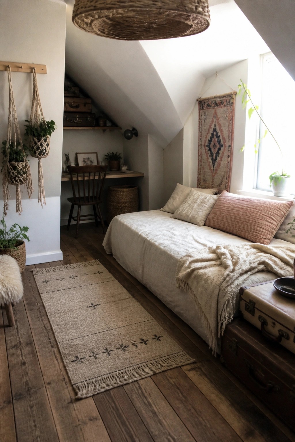 An attic bedroom with a low bed dressed in neutral linens, a long patterned rug on dark wood floors, macrame plant hangers on the left wall, and a large woven pendant light overhead.