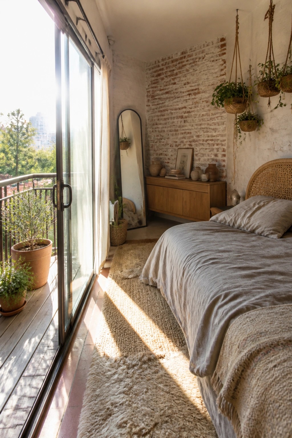 Sunlit bedroom with linen-covered bed, hanging plants, brick wall, and balcony door.