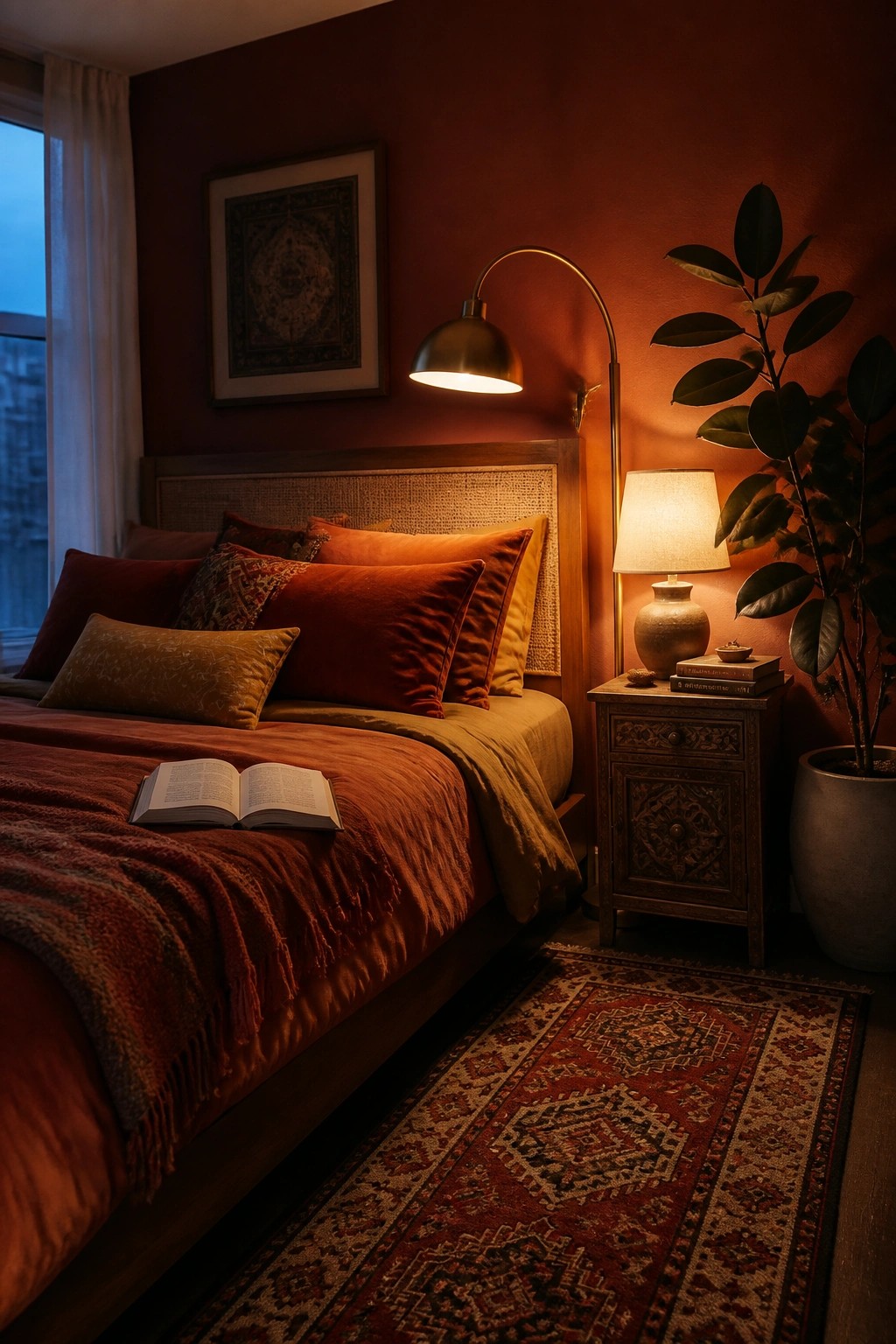 A bedroom with a wooden bed layered in rust and terracotta pillows and blankets, an open book on the bed, two warm lamps on the right, a patterned rug, and a potted plant beside a nightstand.