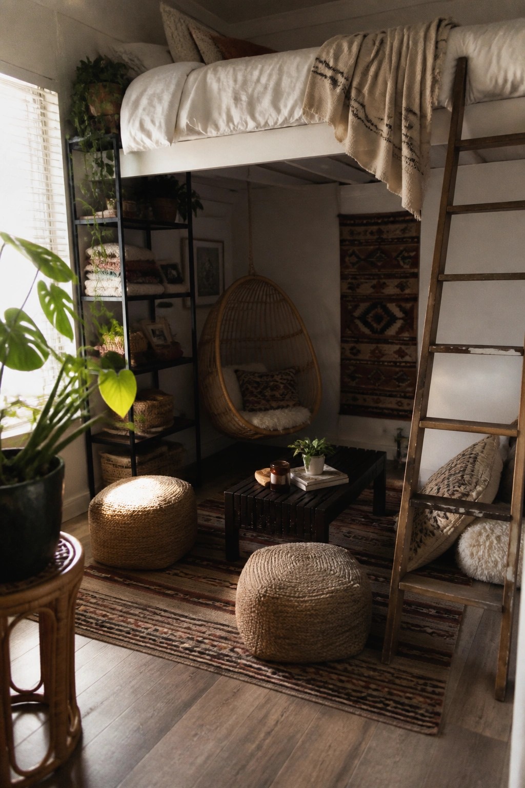 A bohemian bedroom interior showing a white loft bed above a seating area with a hanging wicker chair, woven poufs, a dark coffee table, and patterned rugs.