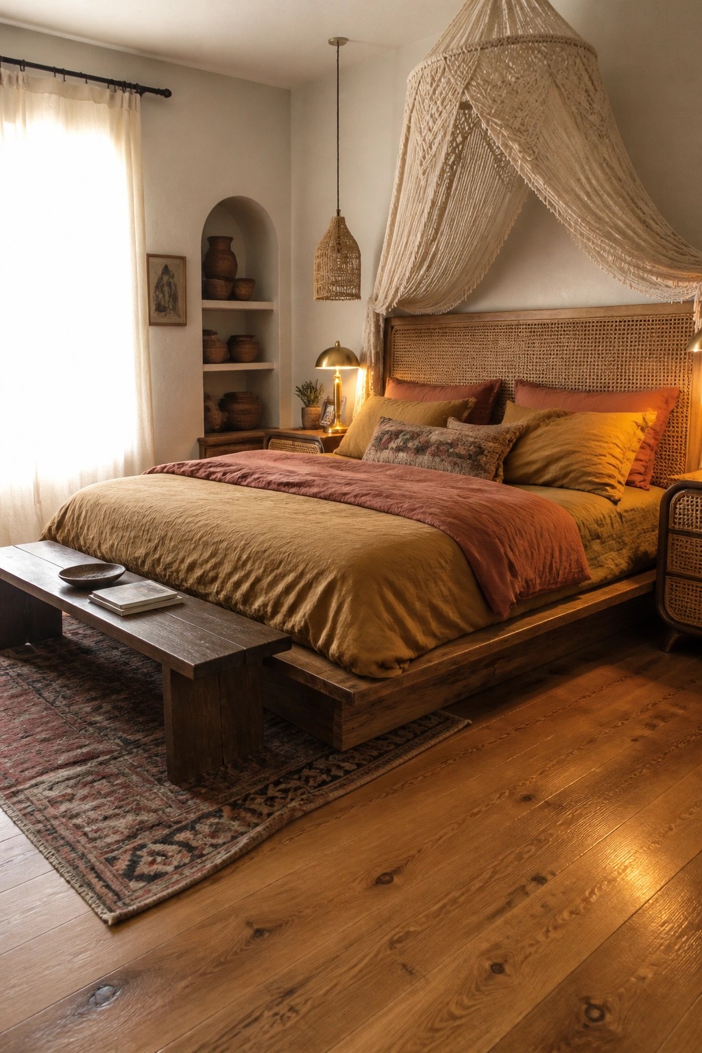 A low wooden platform bed with a woven rattan headboard, layered mustard and rust bedding, and a macrame canopy in a warmly lit bedroom.