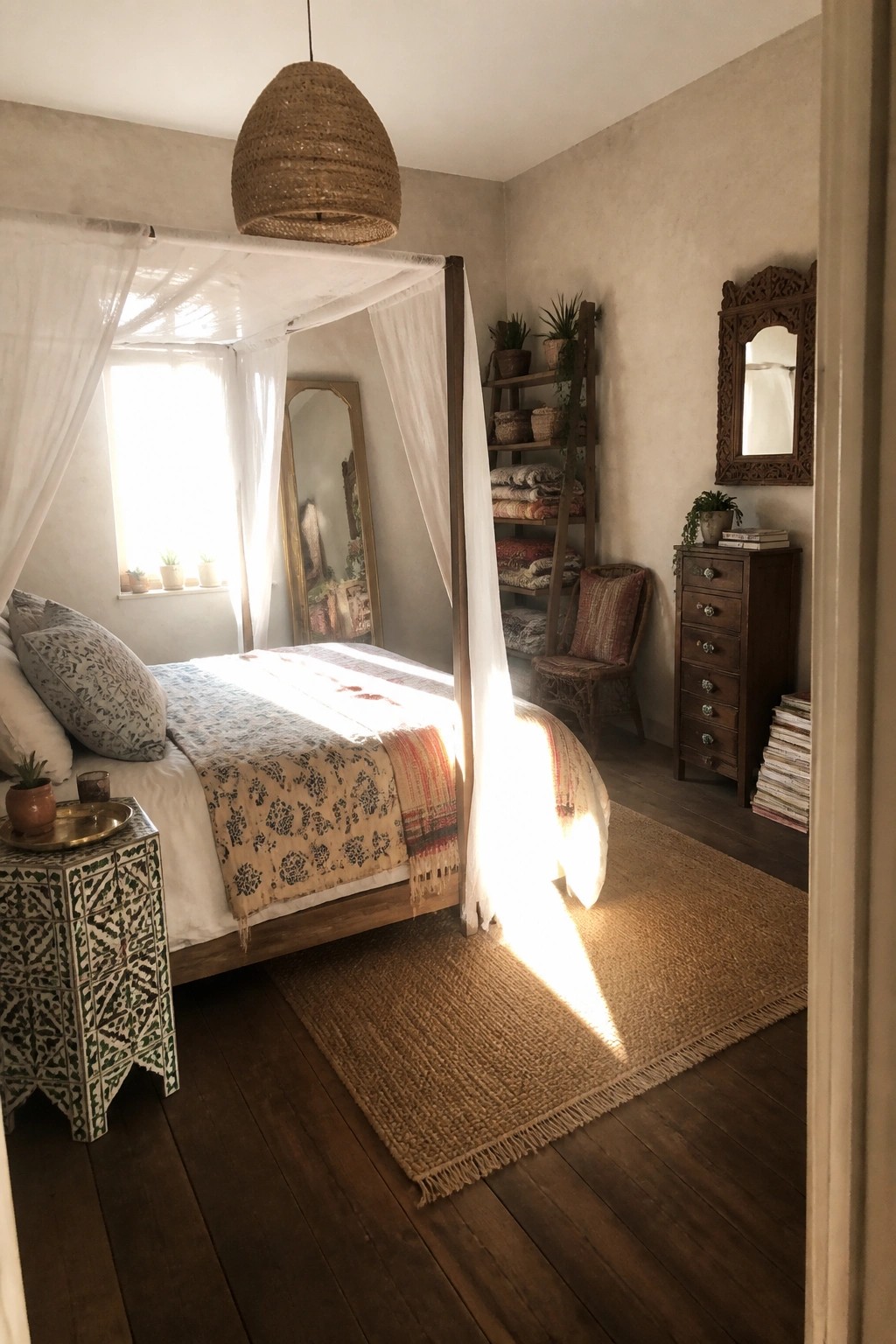 A boho bedroom with a wooden canopy bed draped in white sheer fabric, a large woven pendant light, a jute rug on dark floors, and a tall wooden ladder shelf against the wall.