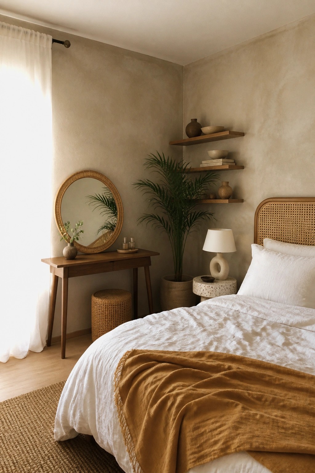 A bedroom with white bedding, a mustard throw, a rattan headboard, a wooden console table with round mirror, floating wooden shelves, a potted palm, and a jute rug on light wood flooring.