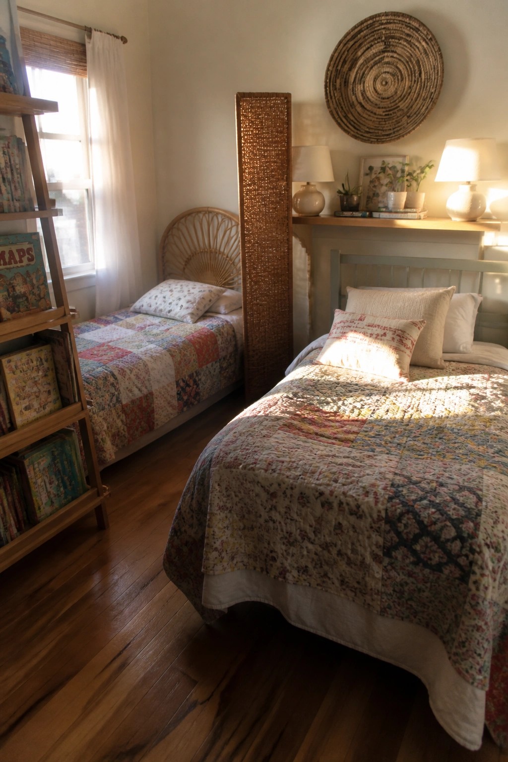 A bedroom with two beds covered in colorful patchwork quilts, a woven room divider between them, and a wooden bookshelf along the left wall.
